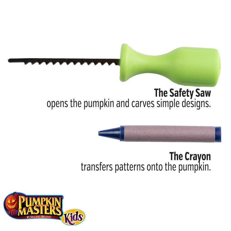 Pumpkin Masters Kid's Carving Kit for Halloween Pumpkin Carving, Includes Saftey Saw, Scoop, Crayon, and Pumpkin Push in Decorations - Image 3